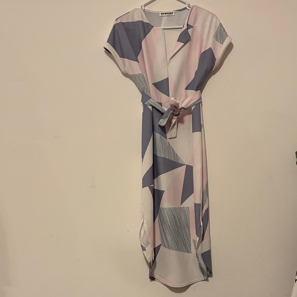 Geometric Pink and Gray Midi Dress